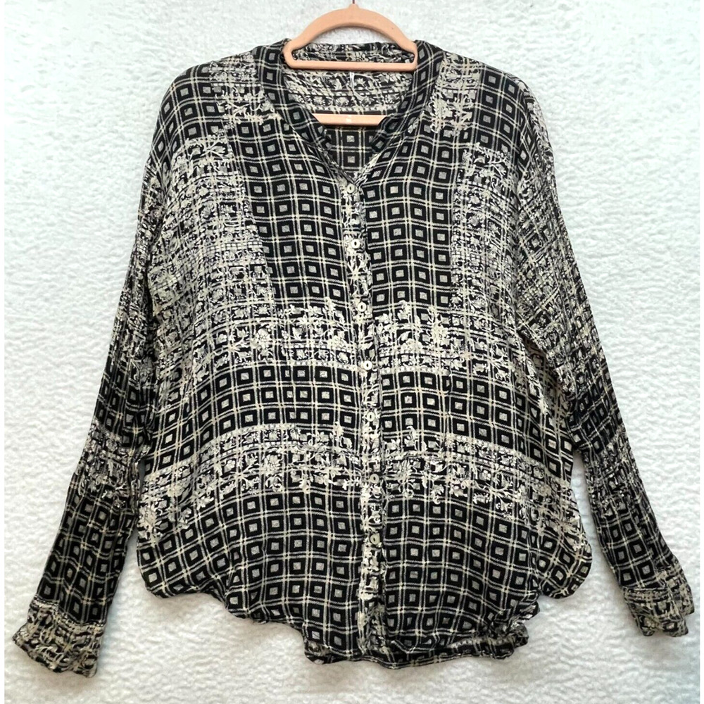 Free People Shirt Womens Medium Black Cream Caravan Plaid Floral Blouse Boho